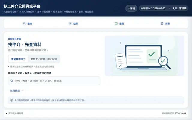 移工仲介公開資訊平台首頁畫面