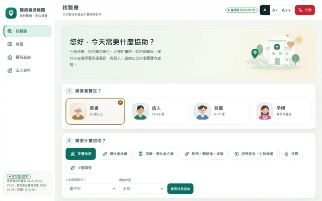臺灣醫療資源地圖首頁畫面